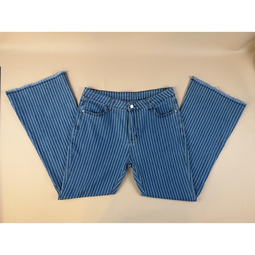 Retro Flare Jeans Cotton Striped Raw Hem Size XL Unbranded
